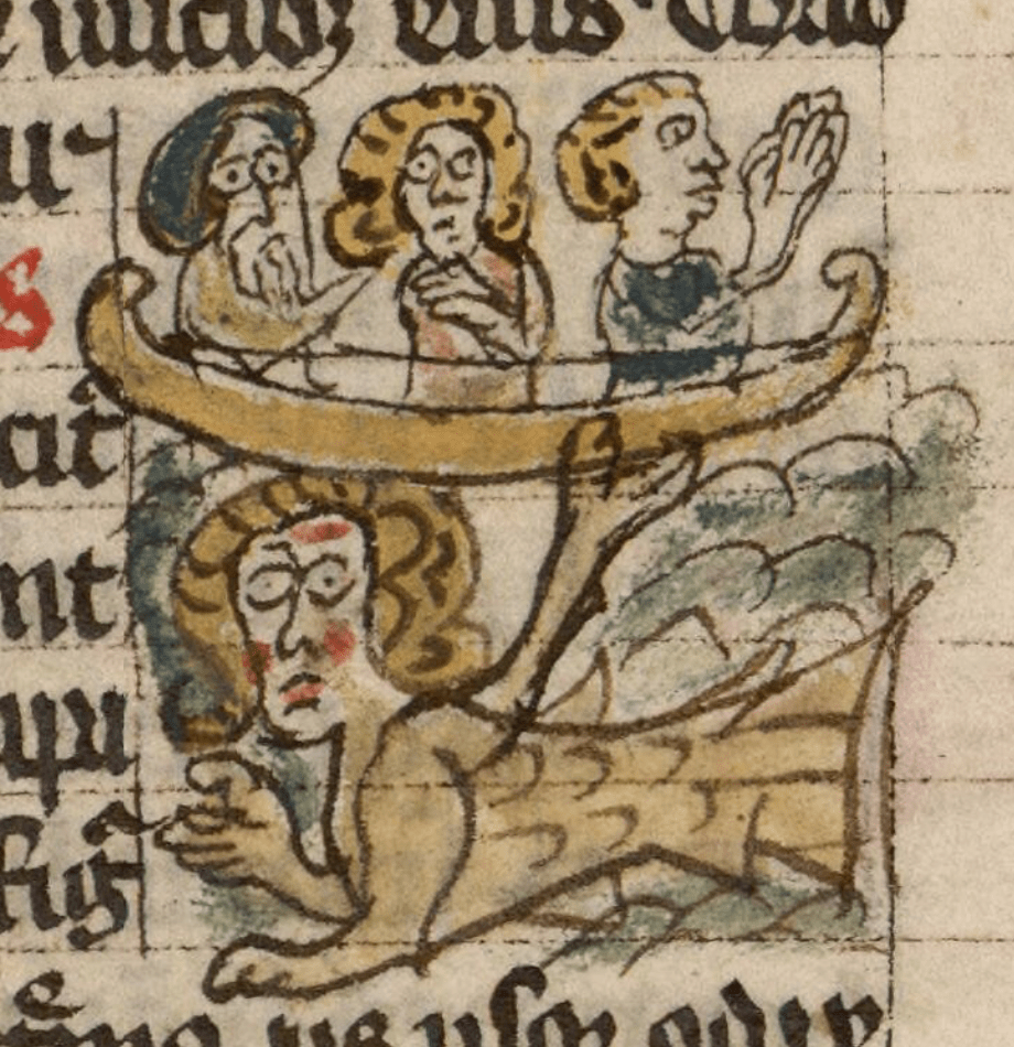 Poorly drawn medieval illustration of three sailors in a boat, their eyes wide in terror and hands clasped in prayer, and a siren with a woman’s head and arms and a fish tail and a mysterious forked limb protruding from its back.
