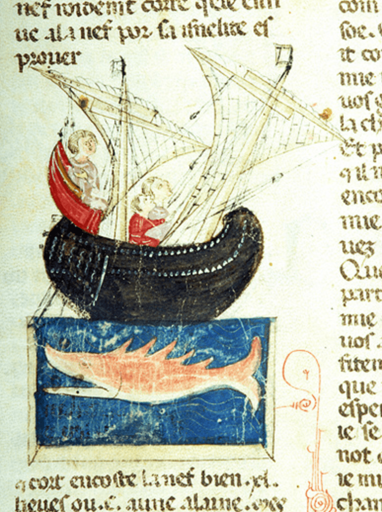 Medieval manuscript illustration of three men on a double-masted ship, sailing above a large fish with an open mouth and five dorsal fins.