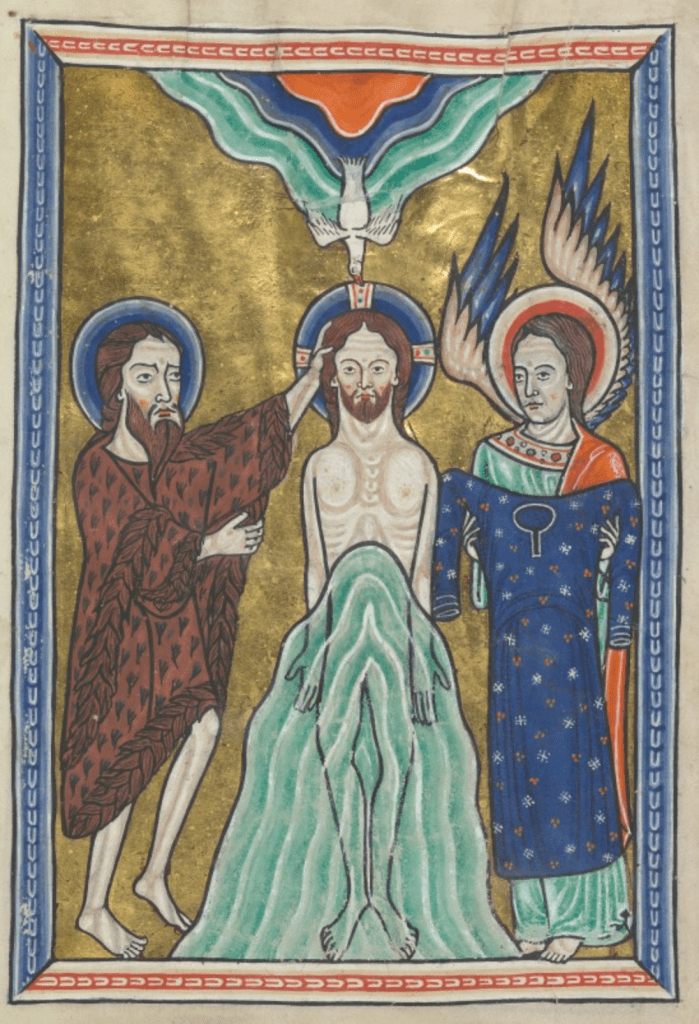 Medieval manuscript illustration of John the Baptist baptizing Jesus; a dove flies down to Jesus from heaven, and an angel stands beside him holding his robe. 