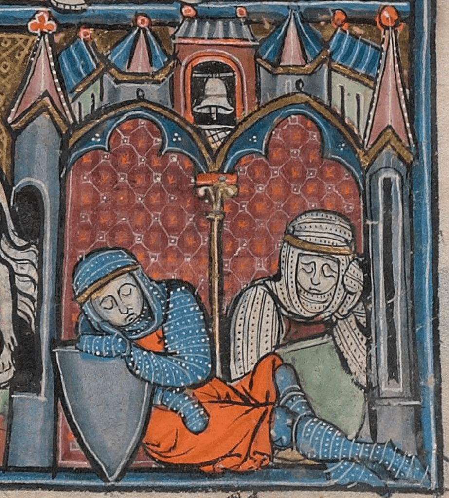 Medieval manuscript illustration of two soldiers sleeping while leaning on their shields inside a castle-like building with a bell tower.