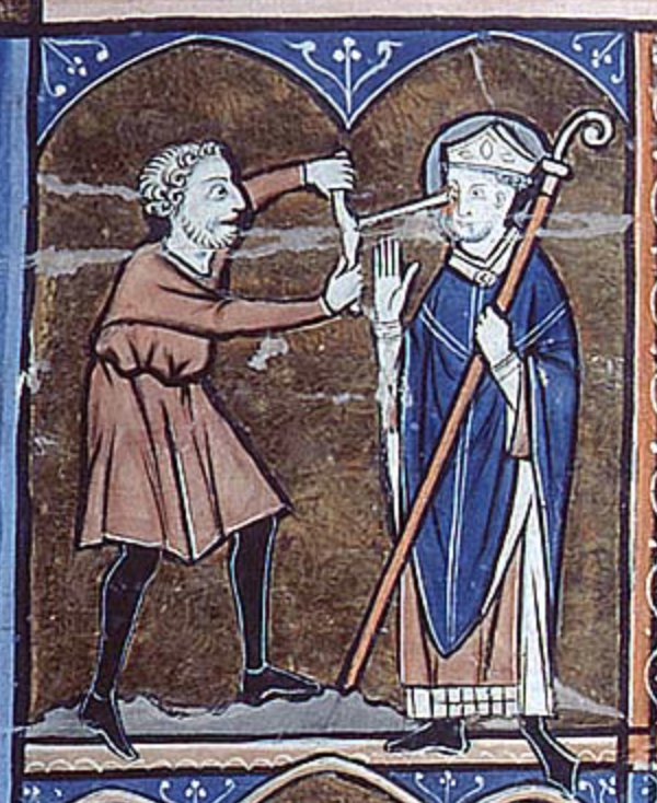 Medieval manuscript illustration of a man using an auger to bore into the right eye of a bishop who calmly raises his right hand, crozier in his left.