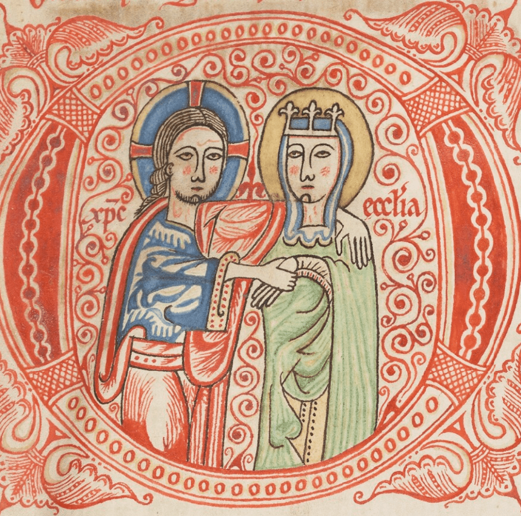 Medieval manuscript image of a haloed man embracing and holding the hand of a crowned and haloed woman.