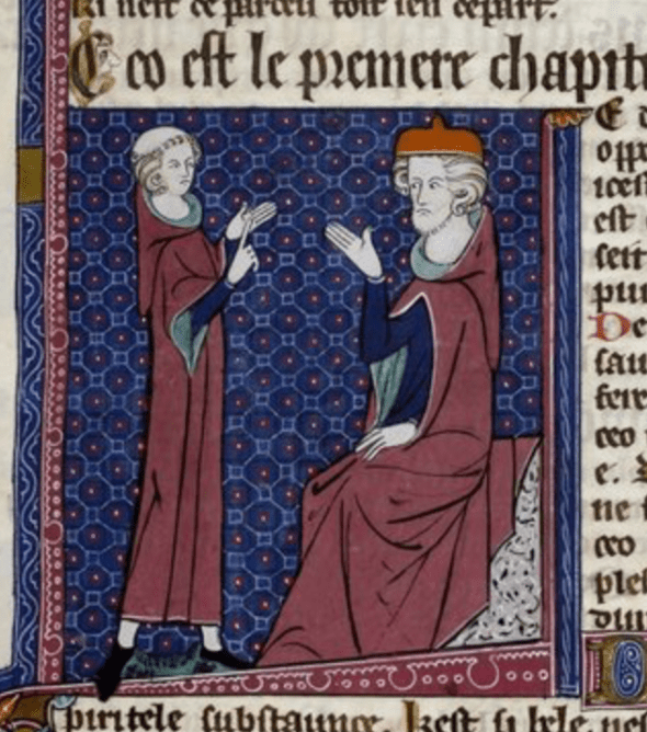 Medieval manuscript image of a tonsured disciple standing before his seated master.