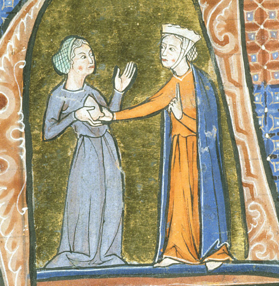 Medieval manuscript image of a woman holding out her breast from an opening in her dress; a noblewoman reaches out to feel it.