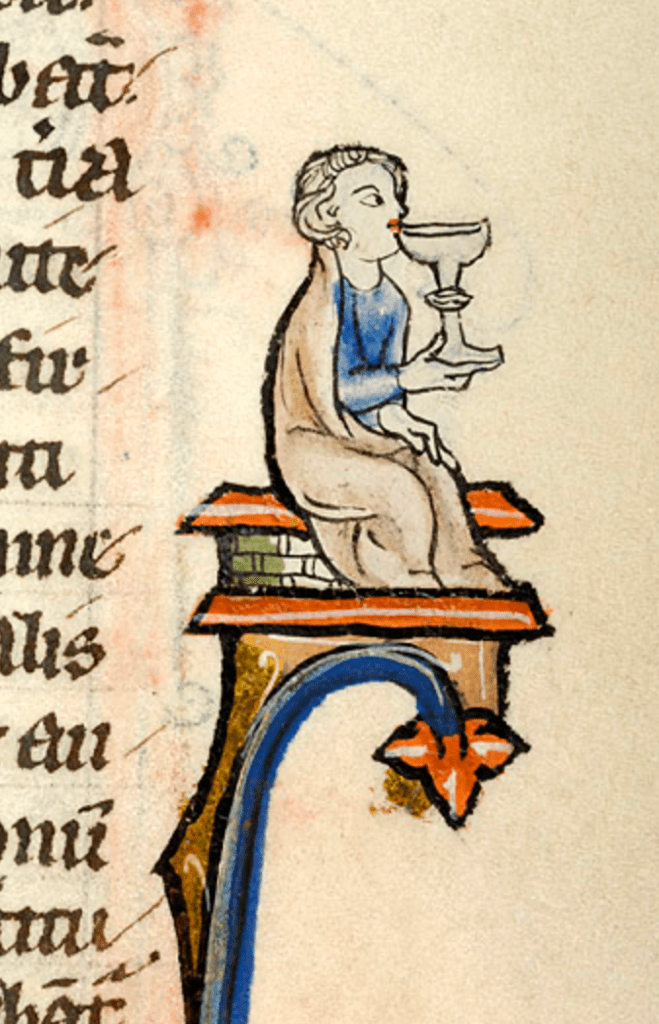 Medieval manuscript image of a man sipping from a large goblet while sitting on a bench.