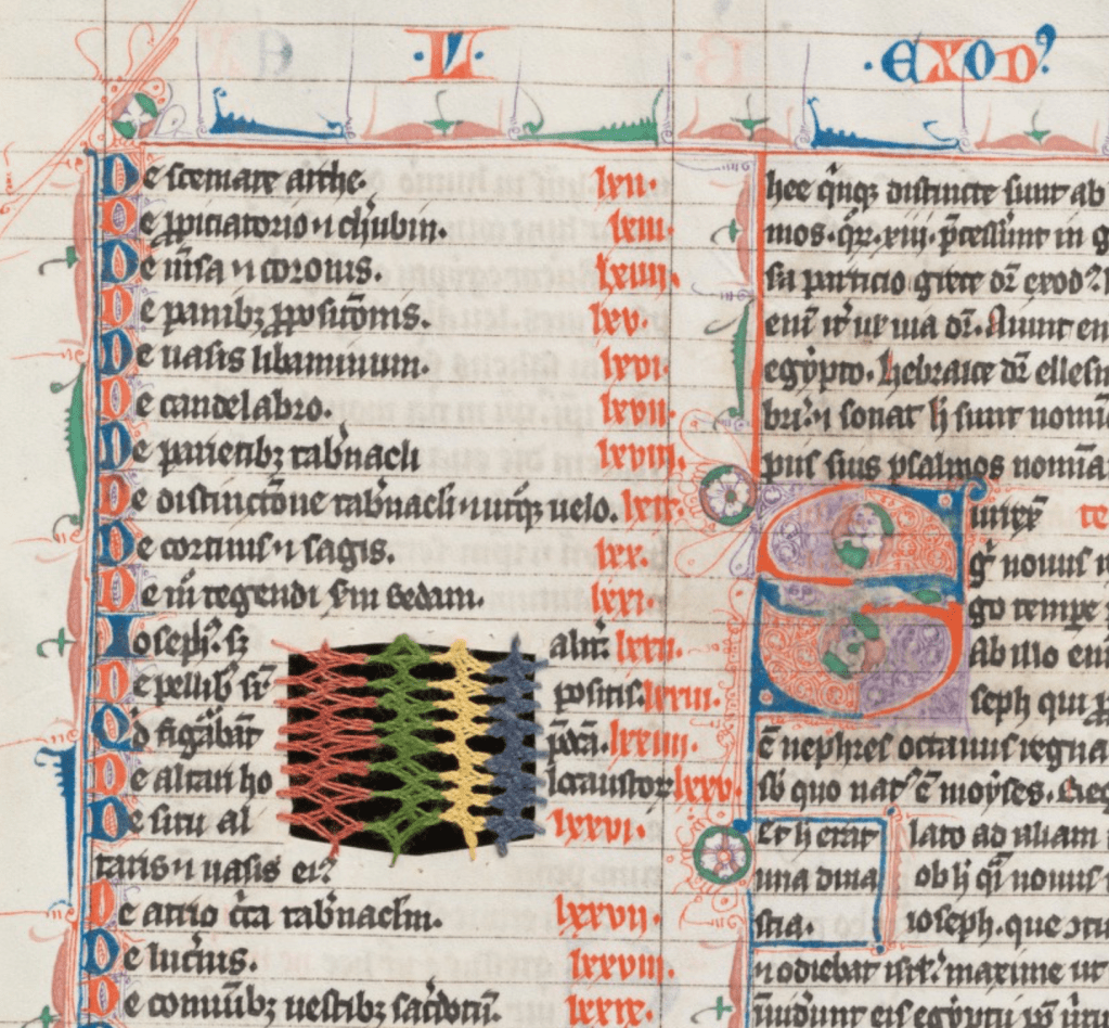 An illuminated medieval manuscript with a neatly trimmed hole that is decoratively stitched together with red, green, yellow and blue thread.