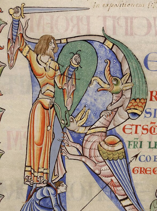 Medieval manuscript image of a belt-wearing soldier raising a sword and shield against a two-headed dragon that attacks him; he himself is standing on the back of another soldier who is stabbing the dragon with a spear.