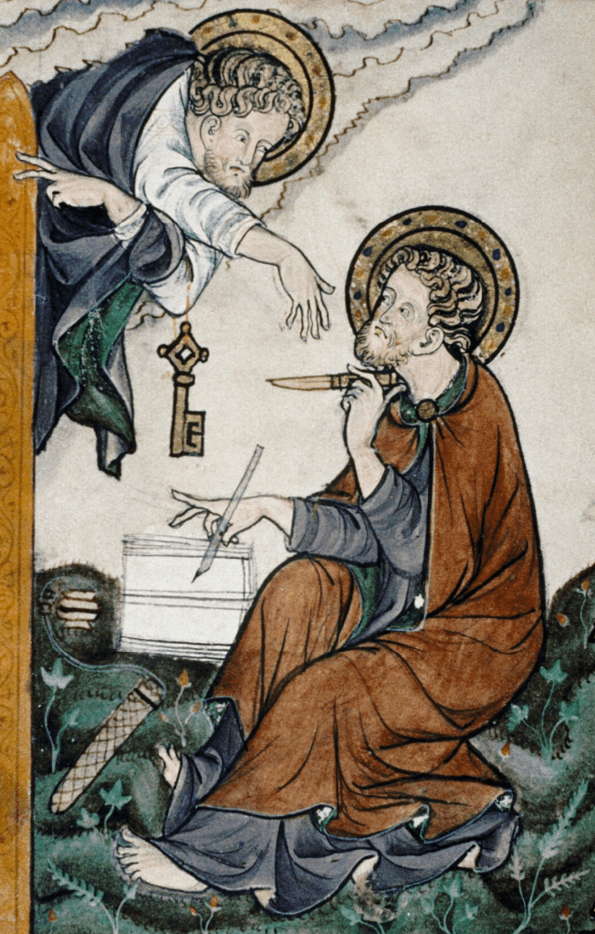 Medieval manuscript image of a haloed man seated with writing implements, listening to a haloed man who comes down from the clouds to him holding a key.