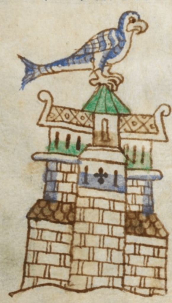 Medieval manuscript image of a falcon perched on the steeple of a church.