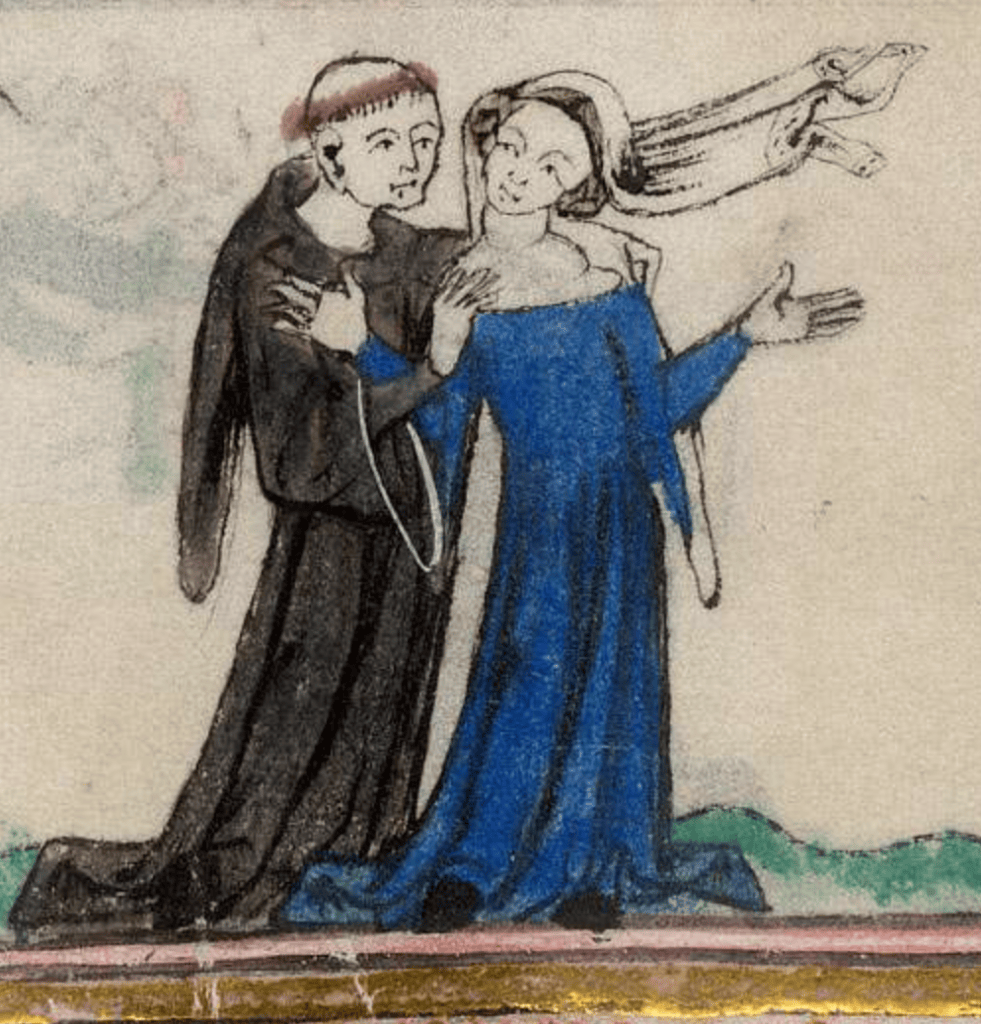 Medieval manuscript image of a monk putting his arms around a woman in a long blue gown whose veil is blowing off her shoulders.