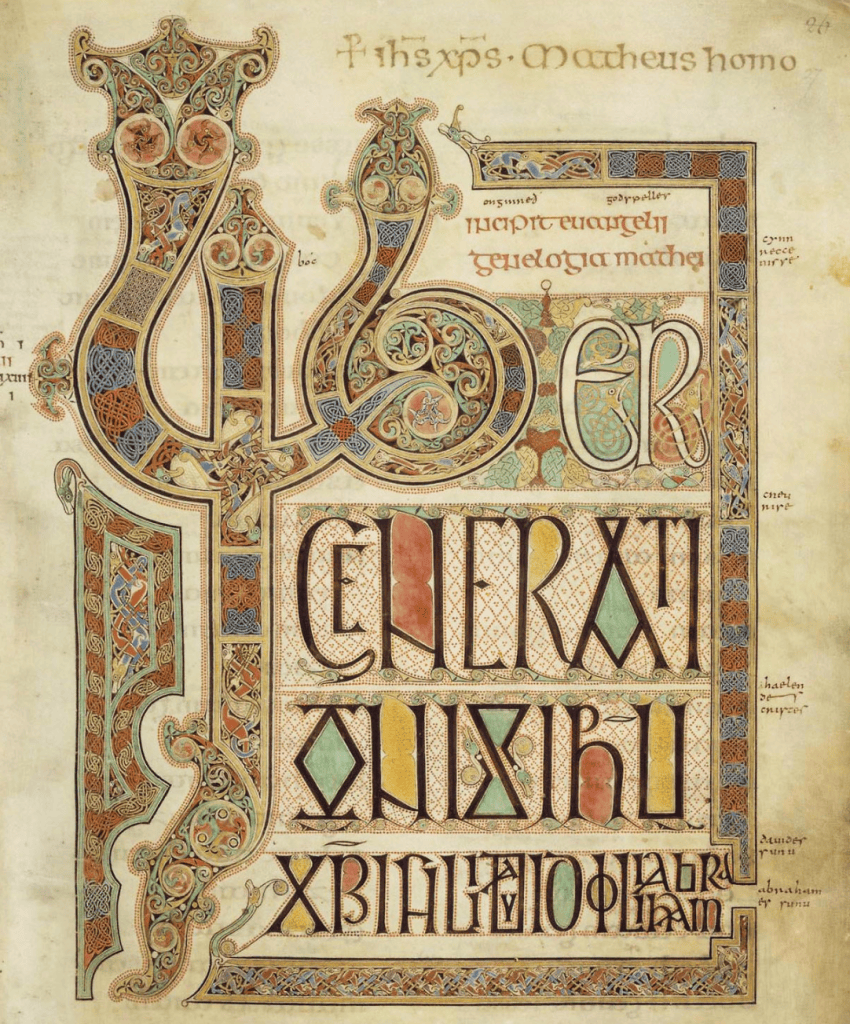 Medieval manuscript page with Latin words written in different styles, the largest word (LIBER) taking up the entire height and width of the page, decorated with zoomorphic imagery and interlace knot work in different colours.