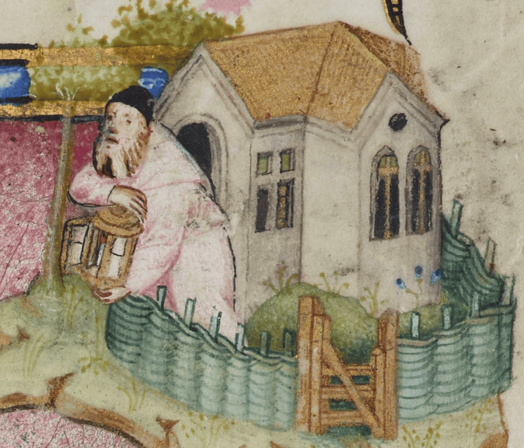 Medieval manuscript image of a man looking beyond the fence that surrounds a small building, a lantern in his lands; the wooden gate in the fence is shut.