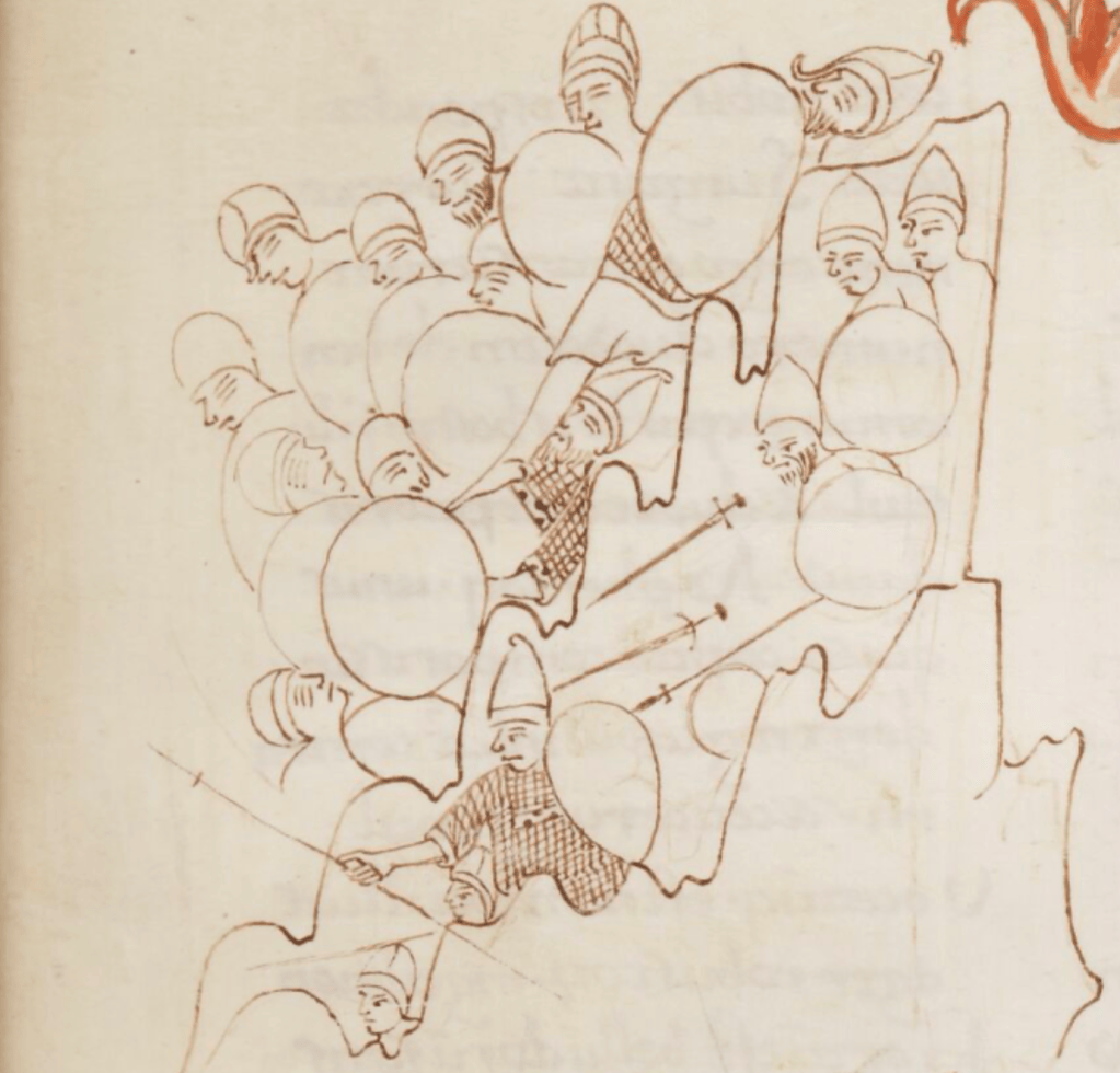 Unfinished line drawing in a medieval manuscript depicting a battle with soldiers, some dead, others alive and fighting, bearing swords, spears and shields.