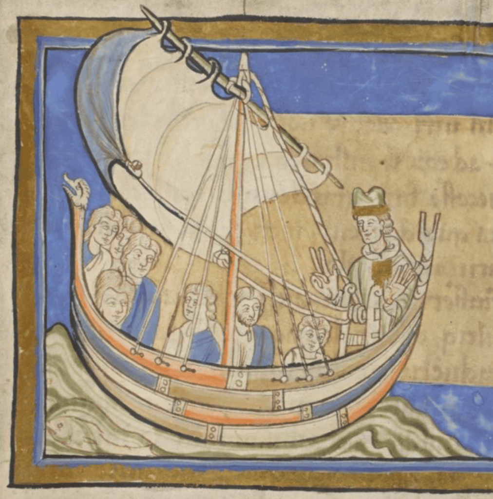 Medieval manuscript image of a boat with a man with giant hands raised in at the capstan and a beast head at the bow; a fish swims in the water below.