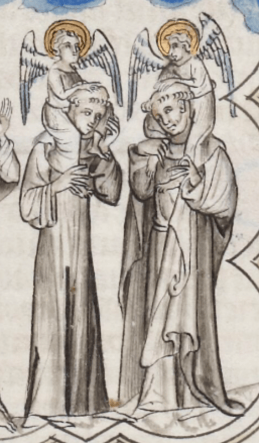 Medieval manuscript image of two angels sitting piggyback on the shoulders of two monks.