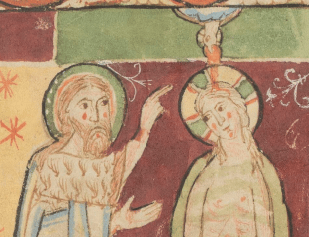 Medieval manuscript image of a dove descending with what appears to be a bleeding heart above a naked haloed man, who is being blessed by a haloed bearded man in a hairy robe.