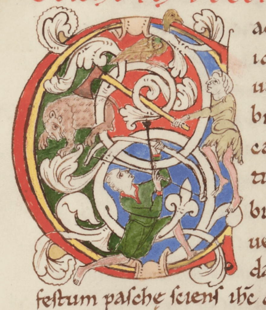 A medieval manuscript page with the letter C inhabited by a bird, a bear and two hunters, one of whom is shooting a with a bow, the other wielding an axe.