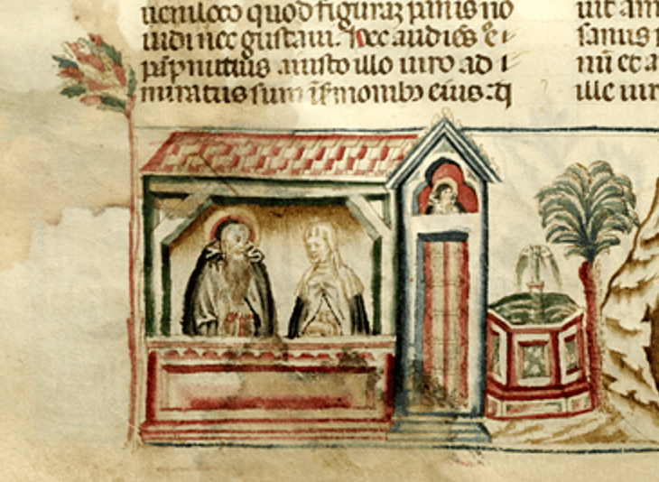 Medieval manuscript image of a haloed man in a monk’s habit and a nun inside a hermitage, outside of which is a fountain and tree.