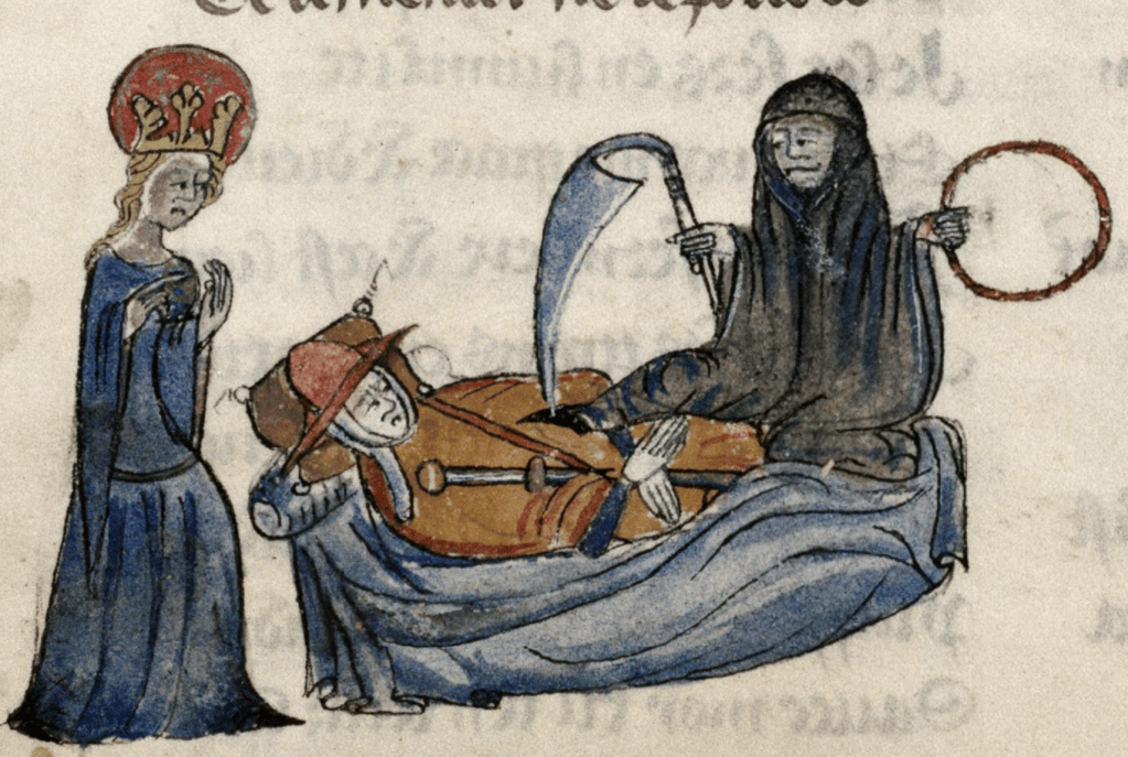Medieval manuscript image of a crowned, haloed woman looking down at a man in pilgrim’s garb lying dead on a bed; a black-cloaked figure bearing a scythe in one hand and a ring in the other sits on the end of the bed.