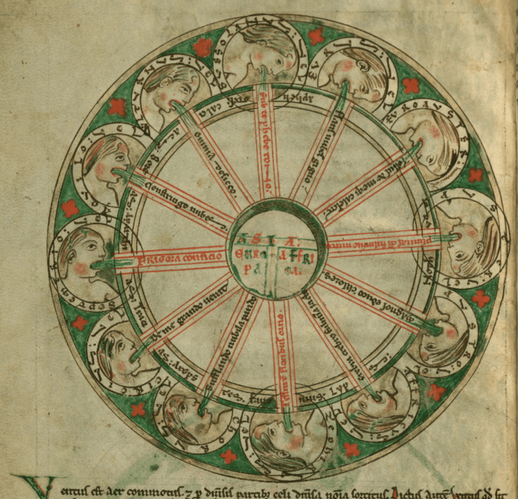 Medieval T-O map surrounded by a wide outer ring with 12 profile faces  blowing towards it; dialogue in Latin also comes from the blowing mouths.