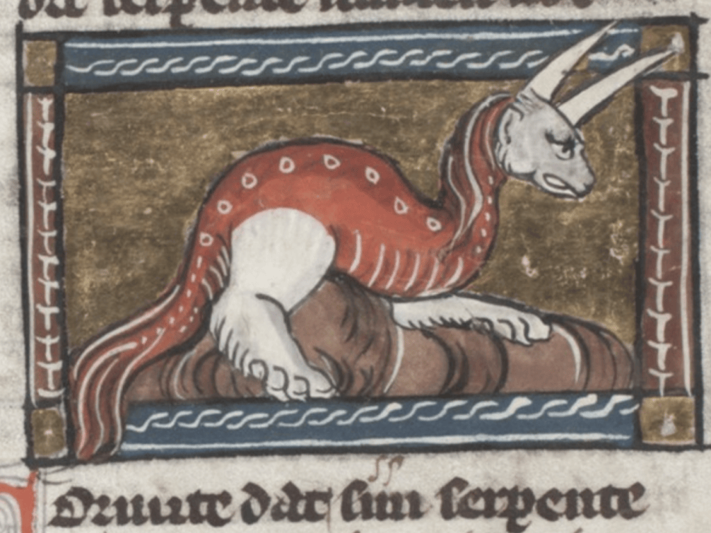 Medieval manuscript image of a hairy creature with a long tail, two large feet, a long neck and two sharp horns.