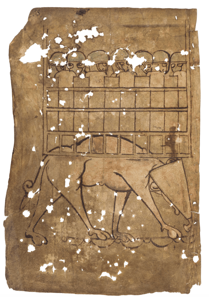 Medieval manuscript illustration of a castle full of soldiers on the back of a tusk-less elephant, the face of which is hidden by a triangular shield.