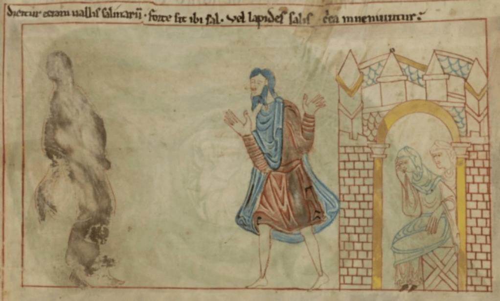Medieval manuscript illustration of a man with his hands out in a gesture of dismay as he looks at a blurry figure to the left; on the right two women sit in a building, one doing a face palm.