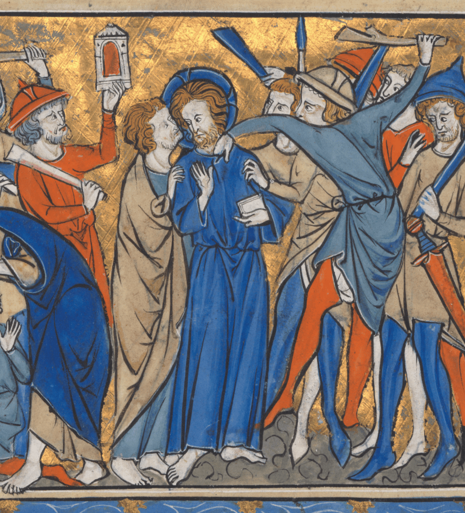 Medieval manuscript illustration of Judas drawing his lips close to a haloed Christ; around them are armed men, one of whom grabs Christ’s collar and prepares to hit him with a cudgel.