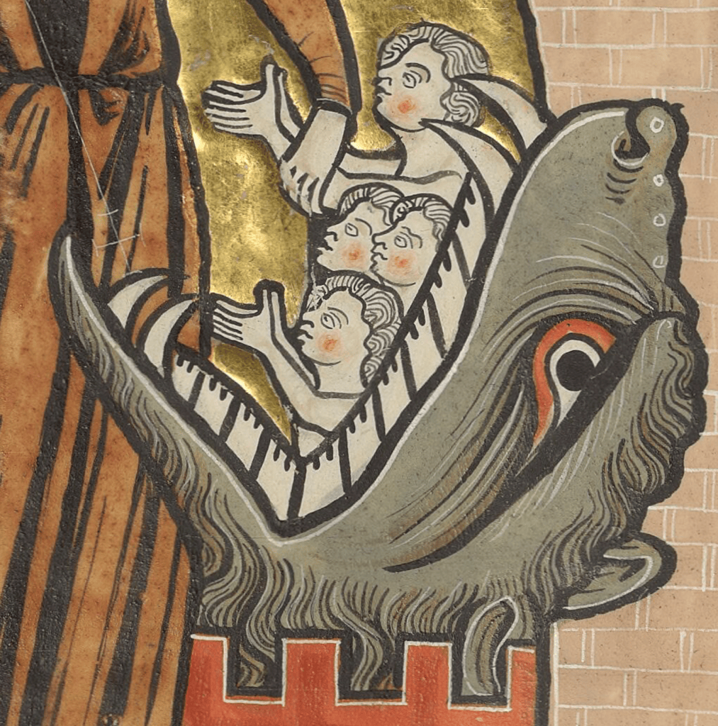 Medieval manuscript illustration of a hairy beast’s toothy mouth open, containing four people, one of whom is being pulled out.